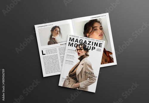 Magazines Mockup On Black Background. Cover And Open