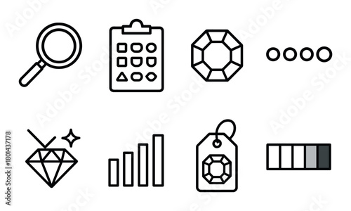 Minimalist black and gray icons for gemology and analysis