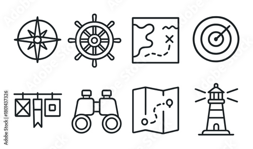 Nautical icons featuring compass, ship wheel, map, target, flags, binoculars, lighthouse