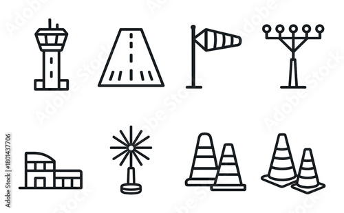 Airport icons set: control tower, runway, windsock, lights, terminal, beacons, cones