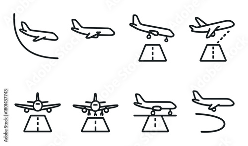 Airplane landing and takeoff icons on black background