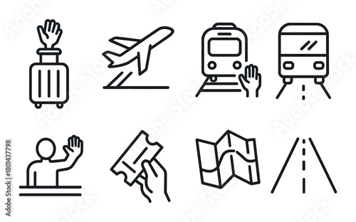 Travel icons set: transportation and navigation symbols on dark background