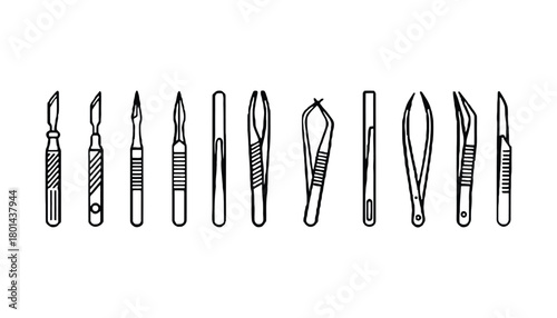 Surgical instruments scalpel and tweezers vector line icons set