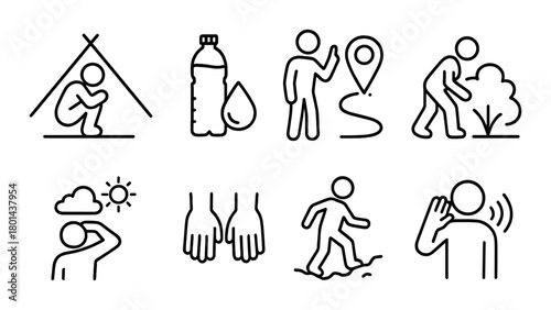 Survival icon set: camping, hydration, navigation, foraging, weather, hand signals, hiking, communication