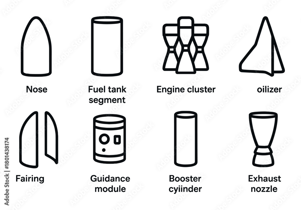 Rocket component icons: nose, fuel tank, engine cluster, nozzles, fairing, guidance module