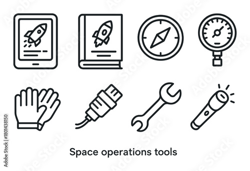 Set of space operations tools icons with book, rocket, compass, gloves, and more