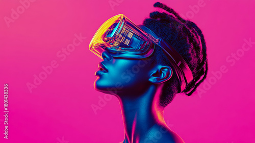 Futuristic portrait of individual with dreadlocks wearing sleek VR headset, illuminated by vibrant neon blue and magenta light against vivid pink background, symbolizing digital immersion and advanced