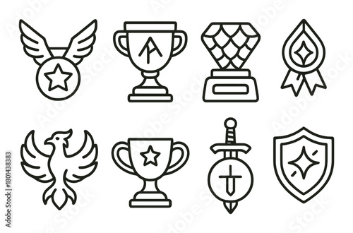 Set of award icons featuring trophies, medals, and shields