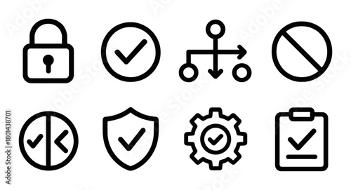 Lock, check, hierarchy, prohibit, split, shield, gear, checklist icons
