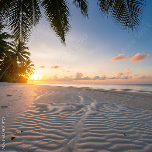 Tranquil tropical landscape. Relaxing paradise island beach sunlight blue sea sky palm leaves. White sand closeup on perfect summer vacation outdoors. Tropical Beach Vacation / Paradise Island