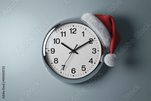 Round office clock with a red Santa hat on top.