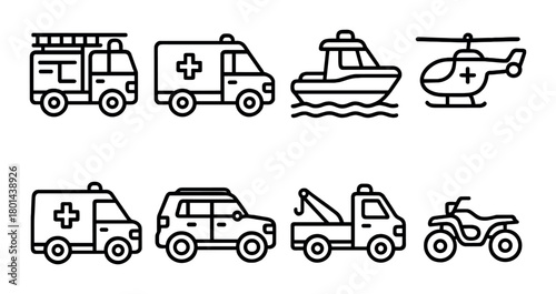 Emergency vehicles icons: ambulance, fire truck, helicopter, police boat, tow truck, atv