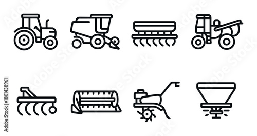 Set of eight black farming equipment icons on gray gradient background