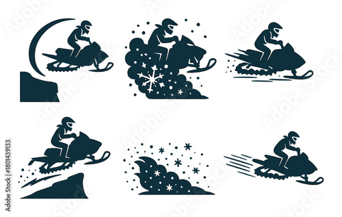 Silhouettes of snowmobile riders in action with snowflakes and speed trails
