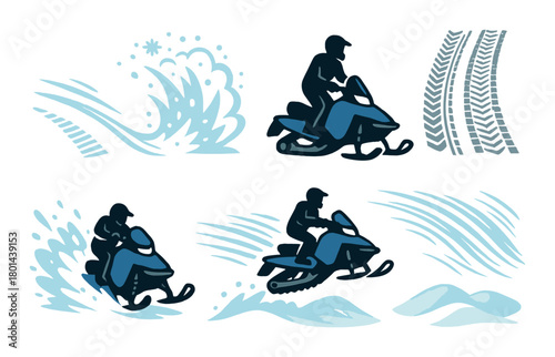 Silhouetted snowmobile riders and snow patterns in winter scene