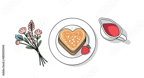 Heart shaped pancakes with berries and flowers