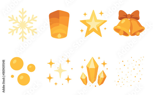 Glowing festive icons: snowflake, lantern, star, bells, bubbles, sparkle, crystals, particles