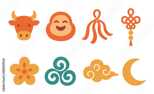 Vibrant asian symbols with happy buddha, cow, and traditional motifs