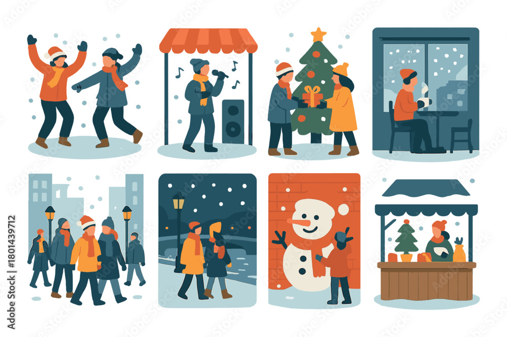 Obraz premium Festive winter scenes with people enjoying holiday activities and celebrations
