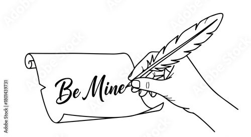 Feather quill writing 'Be Mine' message