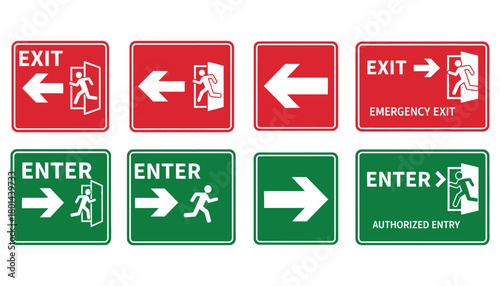 Exit and enter sign vector set emergency exit authorized entry