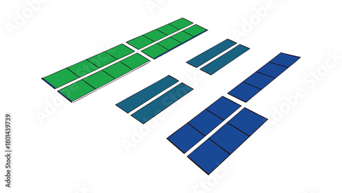 Flat vector featuring asymmetrical orbiting panels arranged in floating zero gravity layout