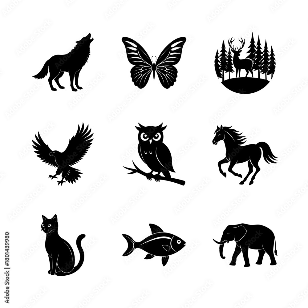 Obraz premium Wild Animal Silhouette Icon Set for Web and Graphic Design