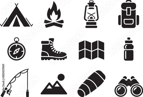 Camping essentials icons for outdoor adventure time