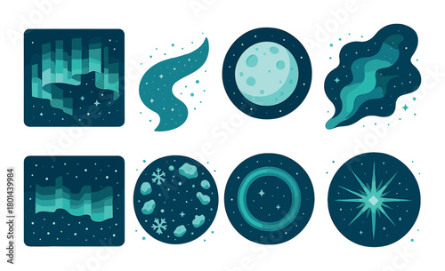 Cosmic elements: stars, moon, auroras, and celestial formations in teal tones