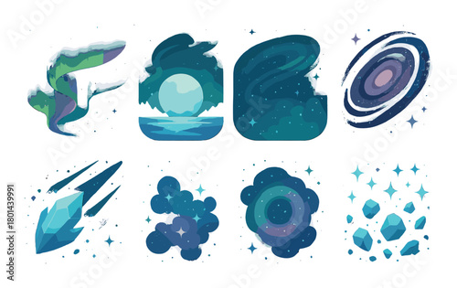 Celestial dreamscape: aurora, moon, galaxy, comet, and crystals