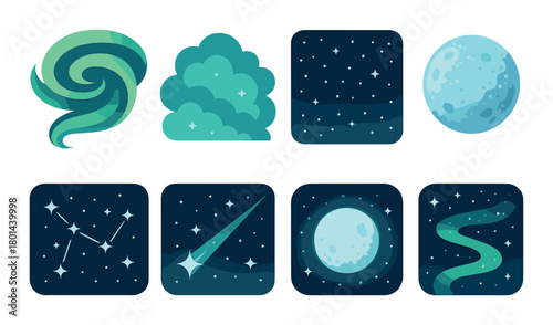 Cosmic themes: moon, stars, constellations, and shooting star elements