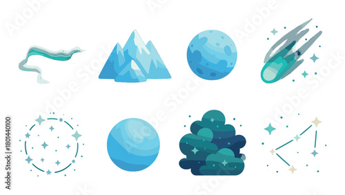 Abstract celestial icons: mountains, moon, comet, constellations in blue glow