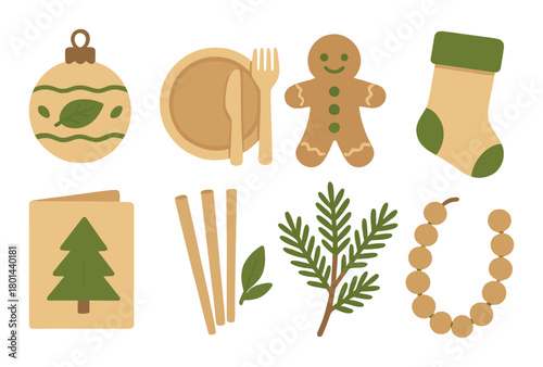 Eco-friendly christmas decorations with ornament, gingerbread, stocking, and tree