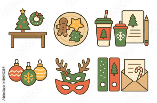 Festive christmas icons featuring tree, decorations, cookies, coffee cups, mask, envelopes