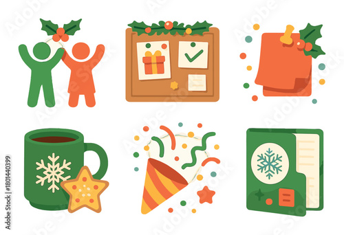 Festive holiday icons with decorated bulletin board and celebration elements