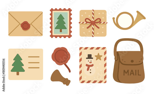 Vintage christmas mail theme with stamps, envelopes, gifts, and snowman design elements