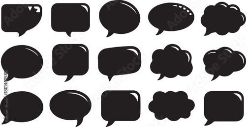 Black and white icons show a diverse set of speech bubbles on transparent background