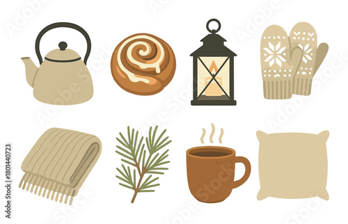 Cozy winter elements with kettle, candle lantern, and warm mittens