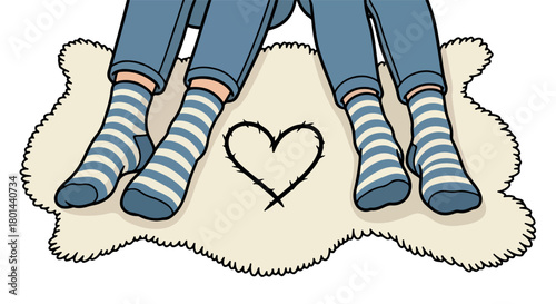 Feet in socks on rug with heart symbol