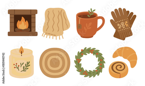 Cozy winter icons with fireplace, blanket, tea, gloves, candle, rug, wreath, croissant