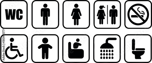 Black and white signs exhibit washroom, disability, baby, shower, smoking prohibition, and restroom information
