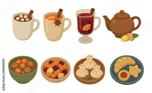 Cozy autumn beverages and comfort foods with tea, stews, and pastries