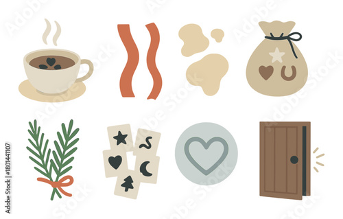 Eight symbolic icons representing coffee, bacon, chicken, fortune bag, pine branch, cards, heart, and door