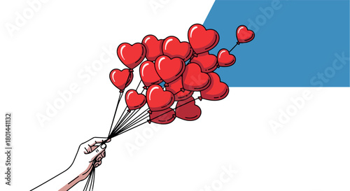 Red heart balloons held by hand with transparent background