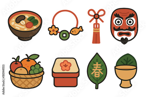Japanese cultural icons: traditional food, masks, and artifacts