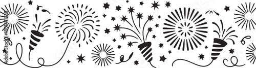 Black line art displays a fun confetti and star burst celebration on white