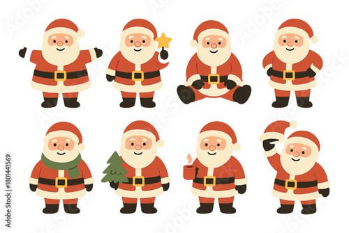 Cheerful cartoon santa variations in holiday attire with festive accessories