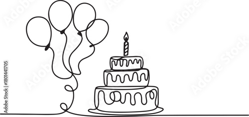 Black outline depicts balloons and a tiered birthday cake with a candle