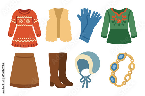 Collection of winter clothing and accessories in warm tones