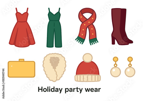 Holiday party apparel collection with festive outfits and accessories